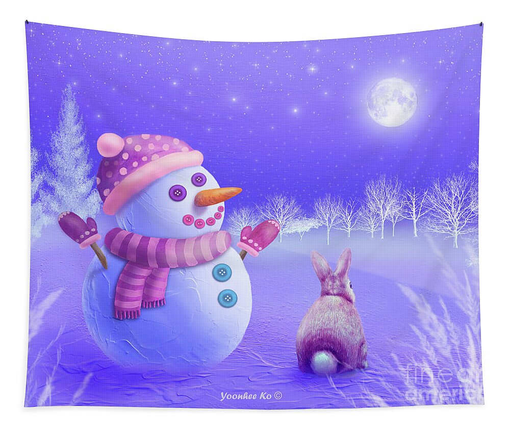 Snowman Tapestry featuring the painting Winter Night Moon Watching by Yoonhee Ko