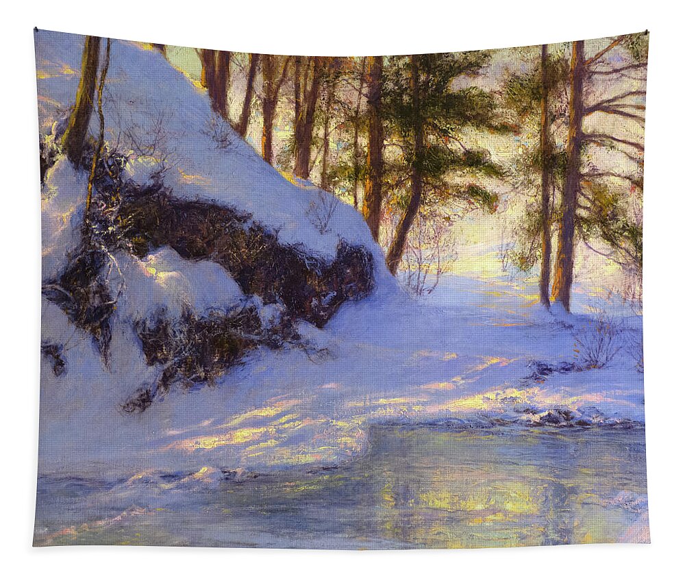 Snow Tapestry featuring the painting Winter Pond by David Lloyd Glover