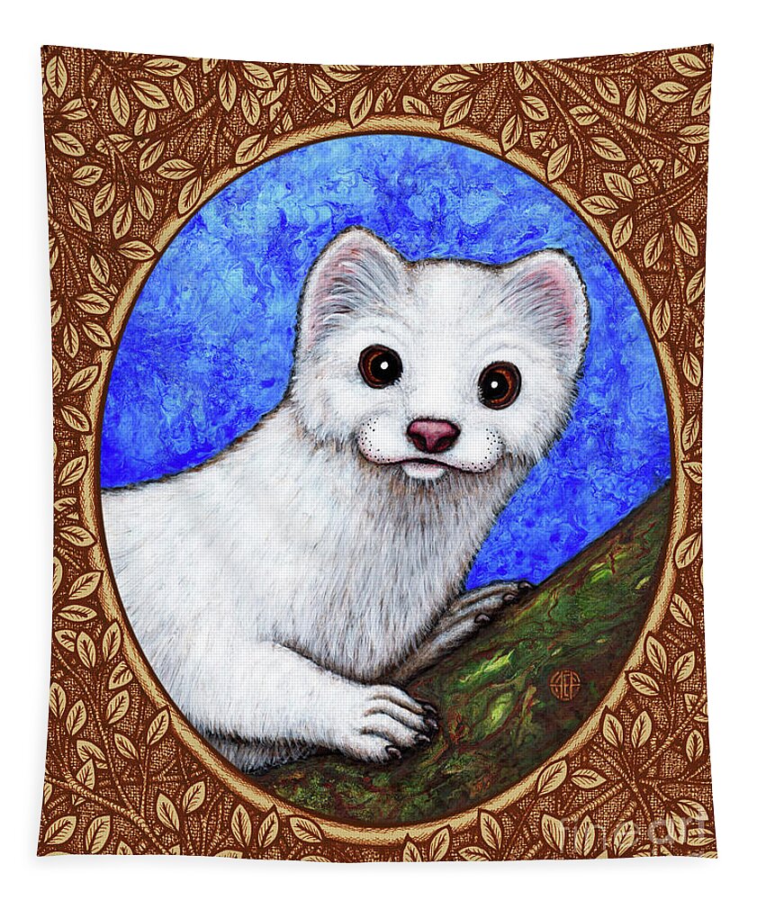 Animal Portrait Tapestry featuring the painting Winter Weasel Portrait - Brown Border by Amy E Fraser