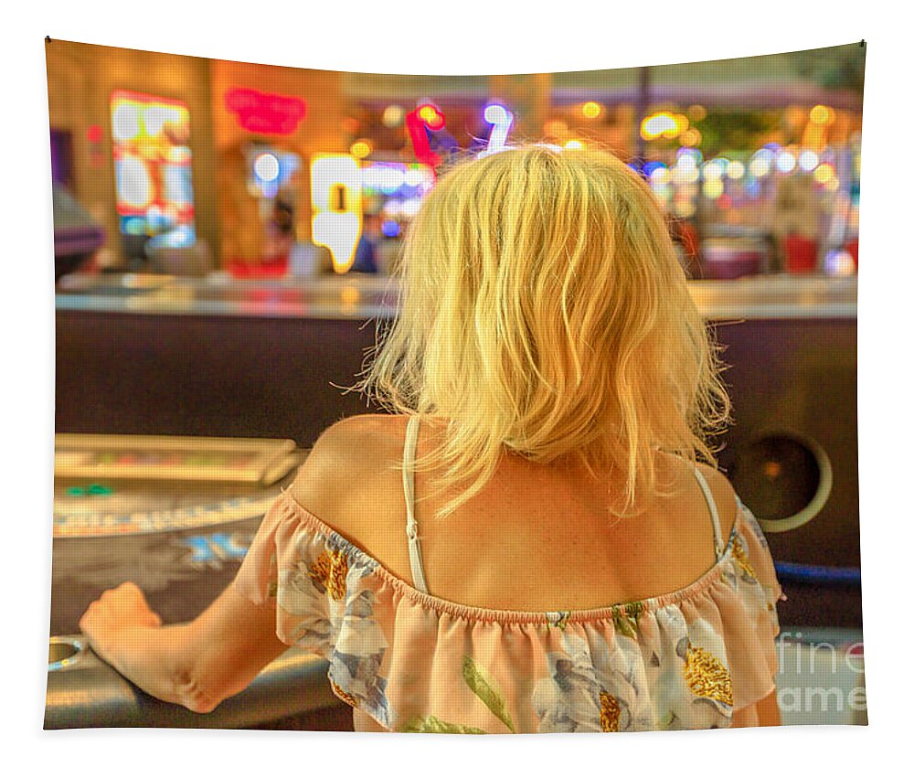 Las Vegas Tapestry featuring the photograph Woman gambling at blackjack table by Benny Marty