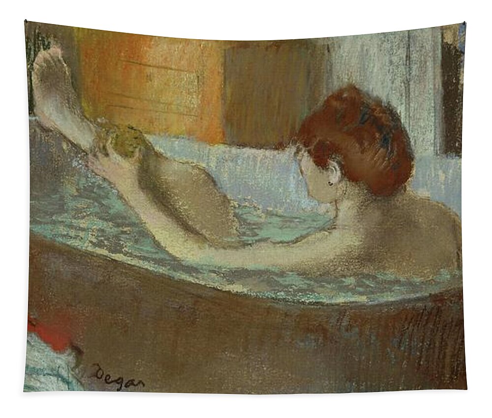 Edgar Degas Tapestry featuring the painting Woman in bath, sponging her leg. Pastel, 1883-84 19.7 x 41 cm. by Edgar Degas -1834-1917-