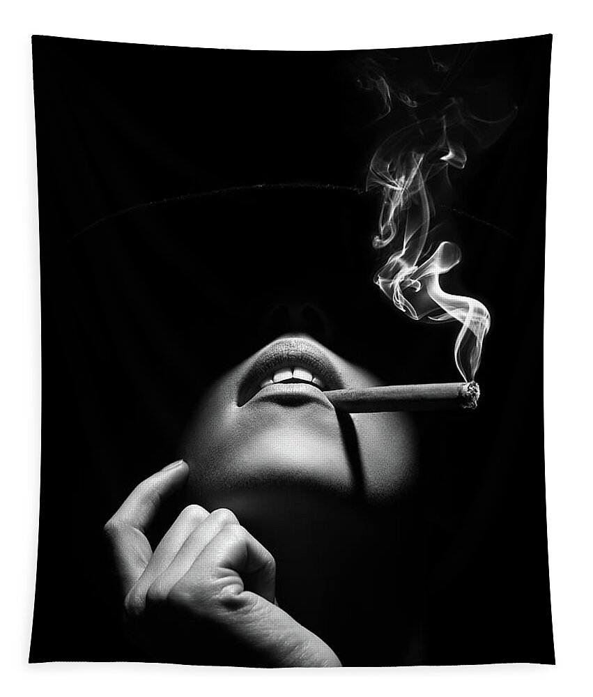 #faatoppicks Tapestry featuring the photograph Woman smoking a cigar by Johan Swanepoel
