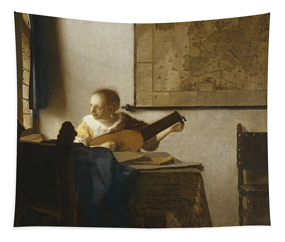 Jan Vermeer Tapestry featuring the painting Woman With A Lute, C.1662-1663 (oil On Canvas) by Jan Vermeer