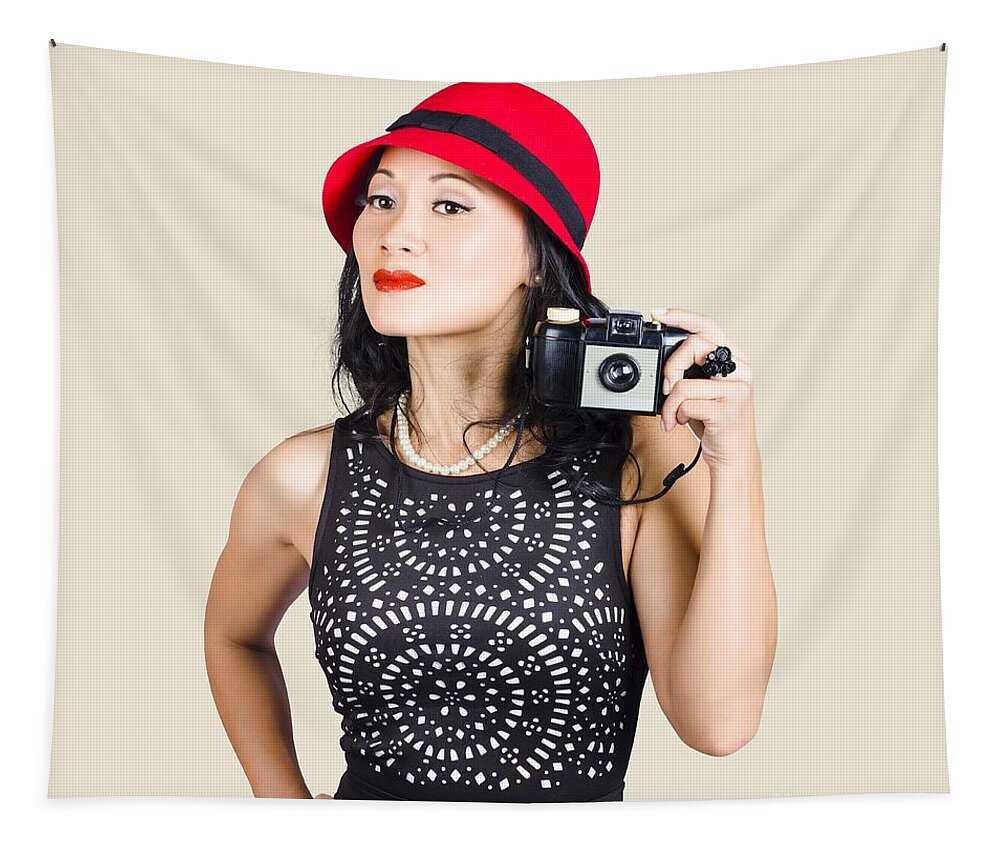 Fifties Tapestry featuring the photograph Woman with an old camera by Jorgo Photography