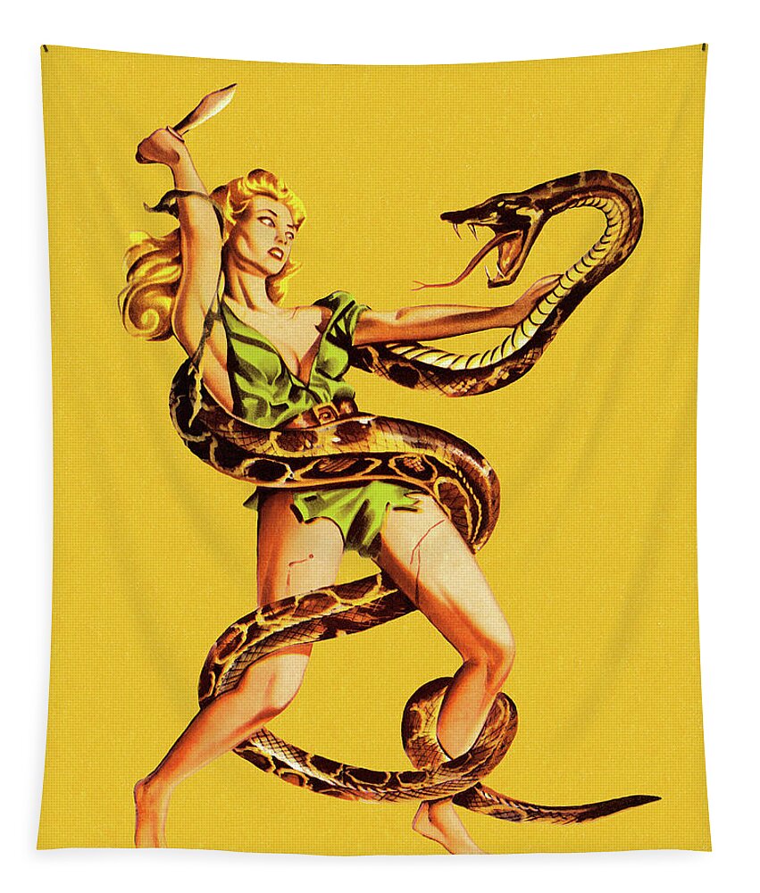 Adult Tapestry featuring the drawing Woman Wrestling Snake by CSA Images