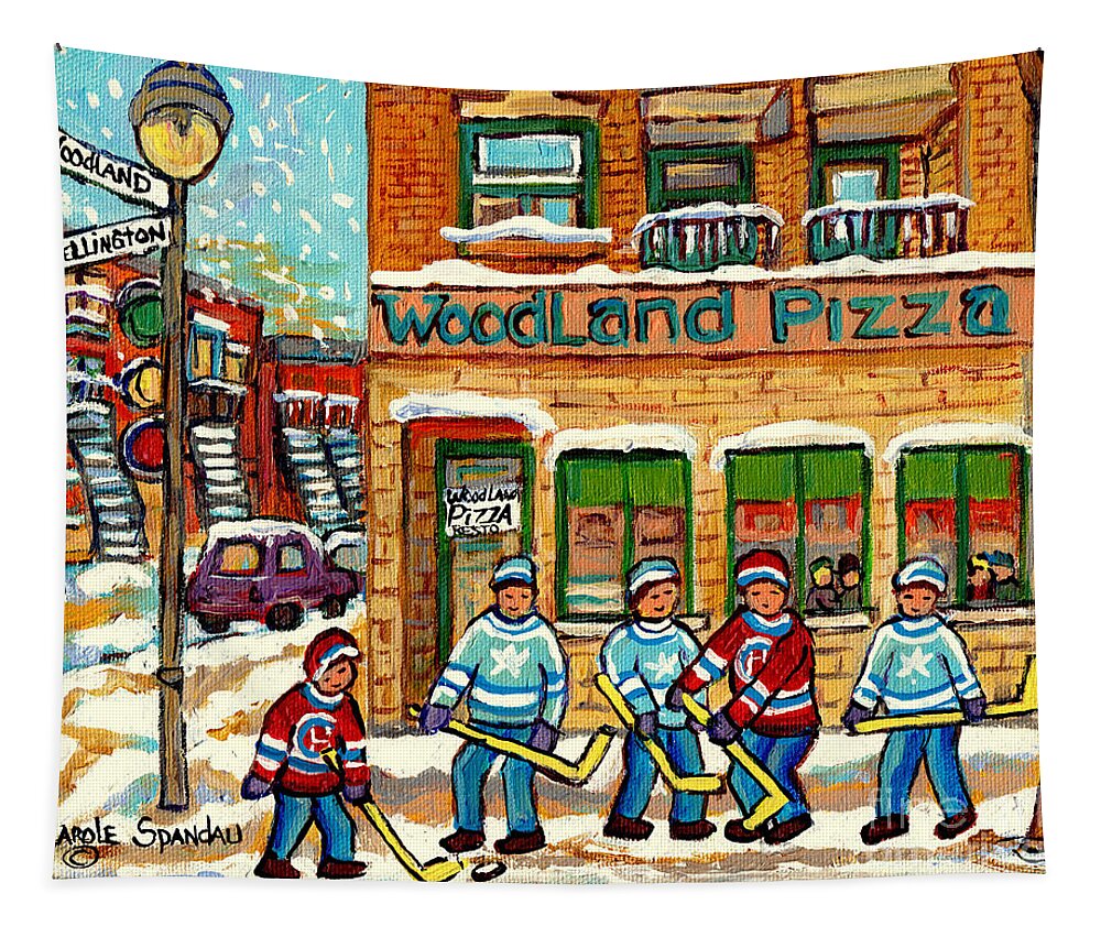 Restaurant Woodland Tapestry featuring the painting Woodland Pizza Rue Wellington Verdun Montreal Fine Art Hockey Painting C Spandau Winter Scene Artist by Carole Spandau