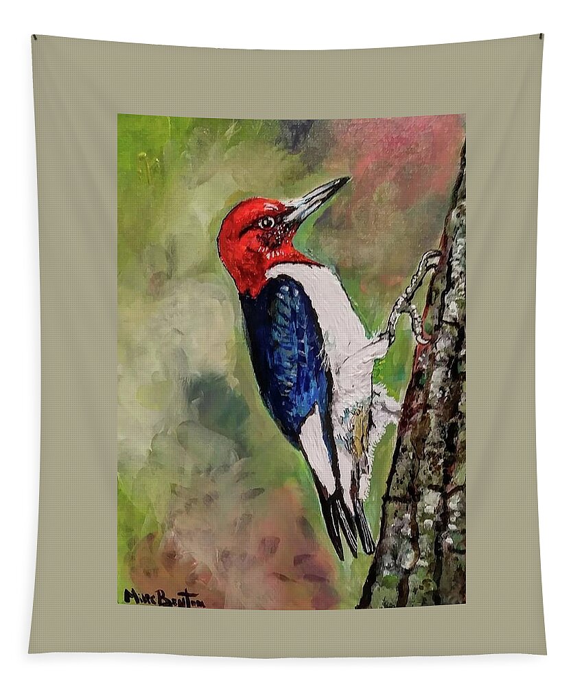 Bird Tapestry featuring the painting Woodpecker by Mike Benton
