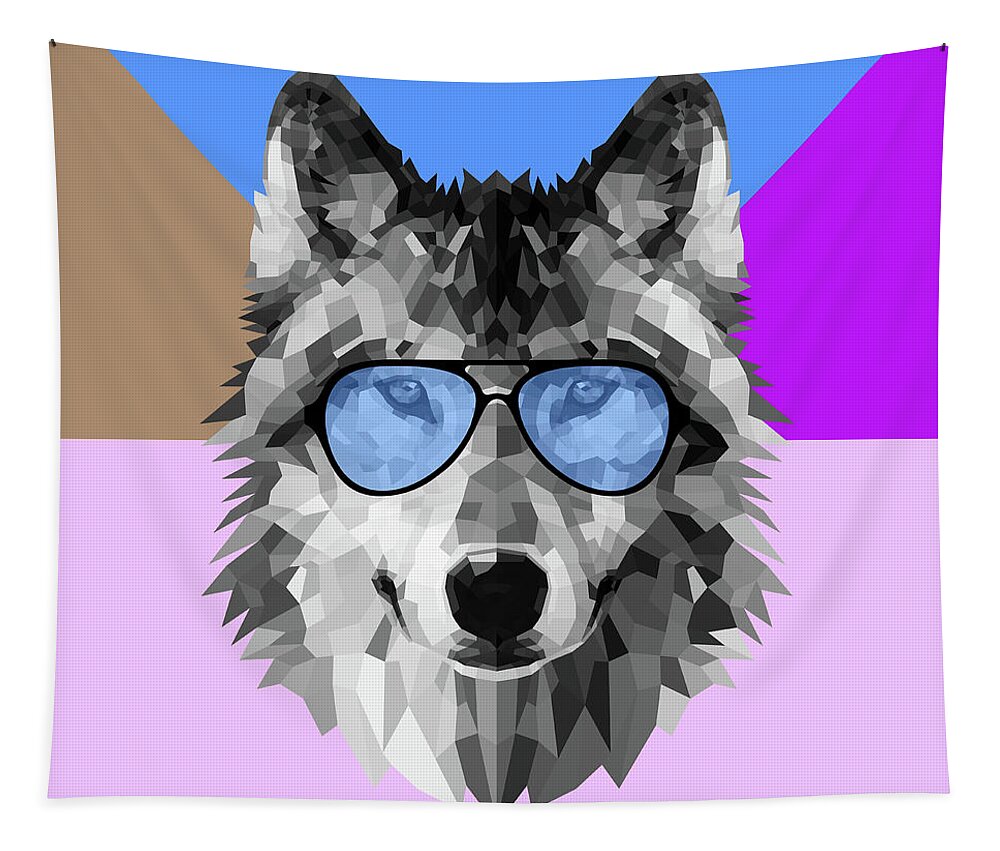 Wolf Tapestry featuring the digital art Woolf in Blue Glasses by Naxart Studio