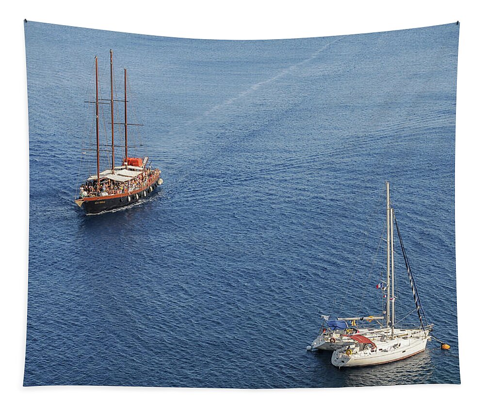 Sailing Tapestry featuring the photograph Yachts sailing on a blue calm sea by Michalakis Ppalis