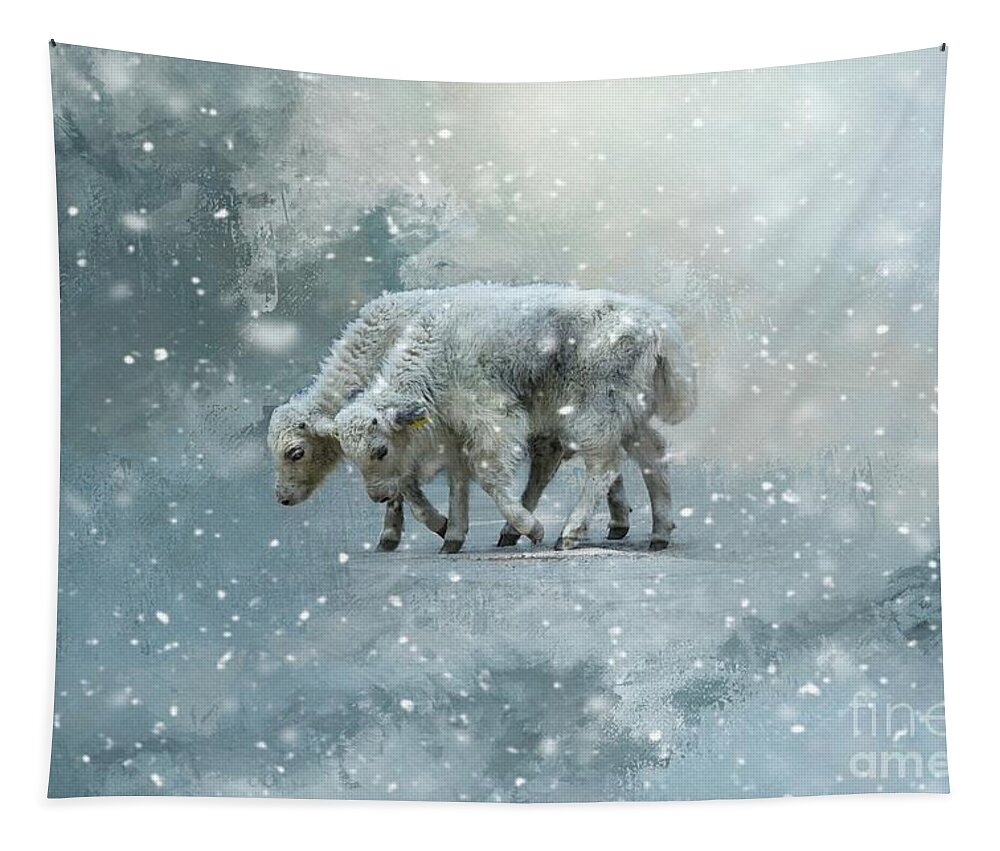 Yaks Tapestry featuring the mixed media Yaks Calves in a Snowstorm by Eva Lechner