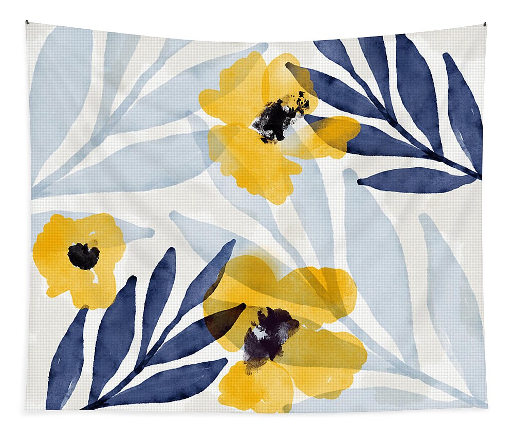 Flowers Tapestry featuring the mixed media Yellow and Navy 2- Floral Art by Linda Woods by Linda Woods
