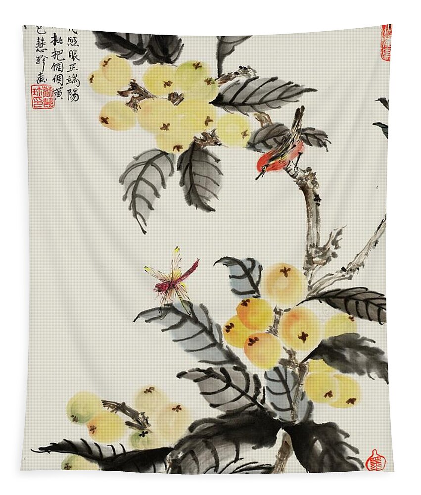 Chinese Watercolor Tapestry featuring the painting Bird and Dragonfly On the Loquat Tree by Jenny Sanders