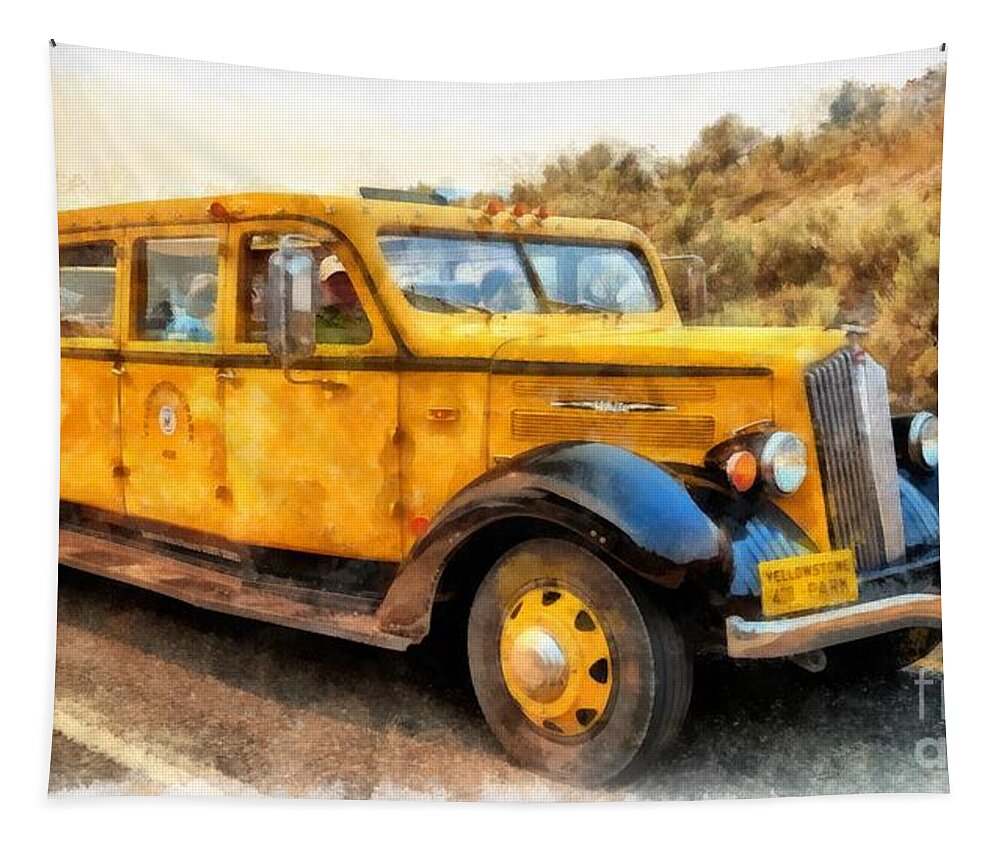 Yellowstone Tapestry featuring the digital art Yellowstone National Park Vintage Coach by Edward Fielding