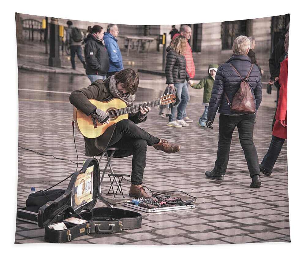 Guitarist Tapestry featuring the photograph Young Guitarist street musician by Michalakis Ppalis