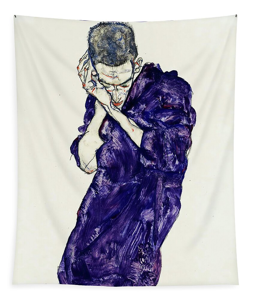 Egon Schiele Tapestry featuring the painting Young Man In Purple Robe With Clasped Hands by Egon Schiele