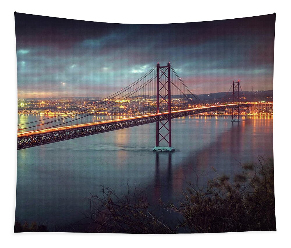 Architecture Tapestry featuring the photograph 25 April Bridge Over Tagus River #1 by Carlos Caetano