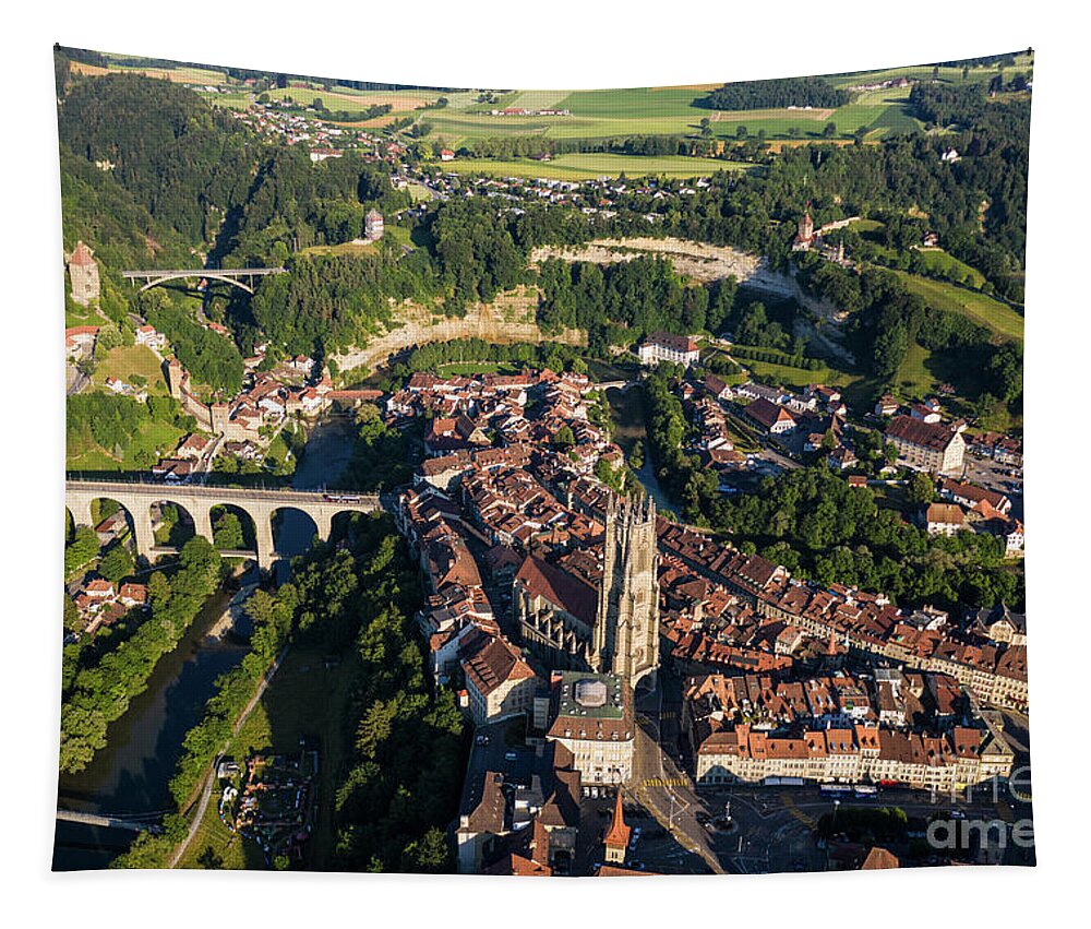 Europe Tapestry featuring the photograph Aerial view of the Fribourg cathedral #1 by Didier Marti