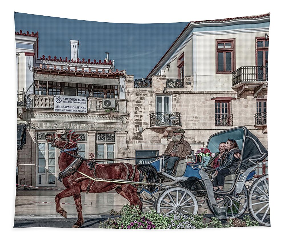 Aegina Tapestry featuring the photograph Afternoon Jaunt on Aegina, Vintage Version by Marcy Wielfaert