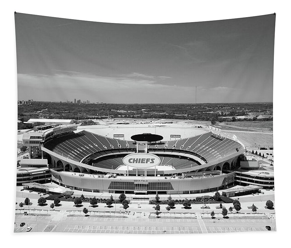 Kansas City Missouri Tapestry featuring the photograph Arrowhead Stadium in black and white by Eldon McGraw
