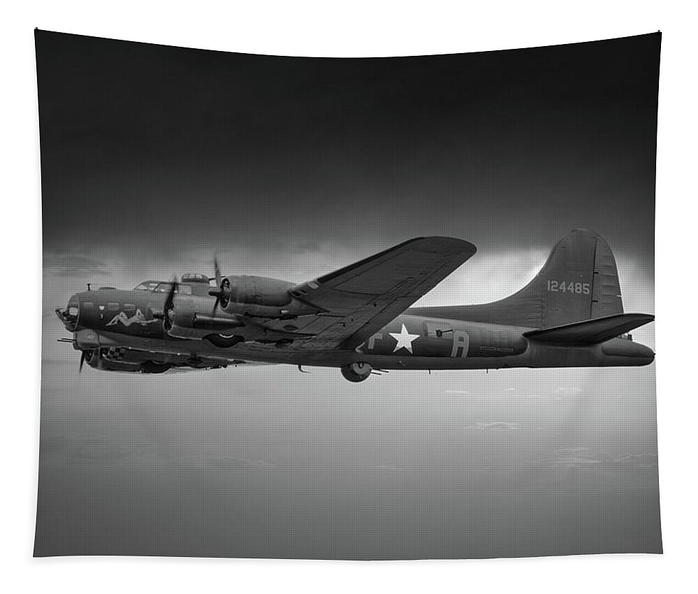 Usa Tapestry featuring the photograph Boeing B-17 Flying Fortress, World War 2 Bomber Aircraft Black and White #1 by Rick Deacon