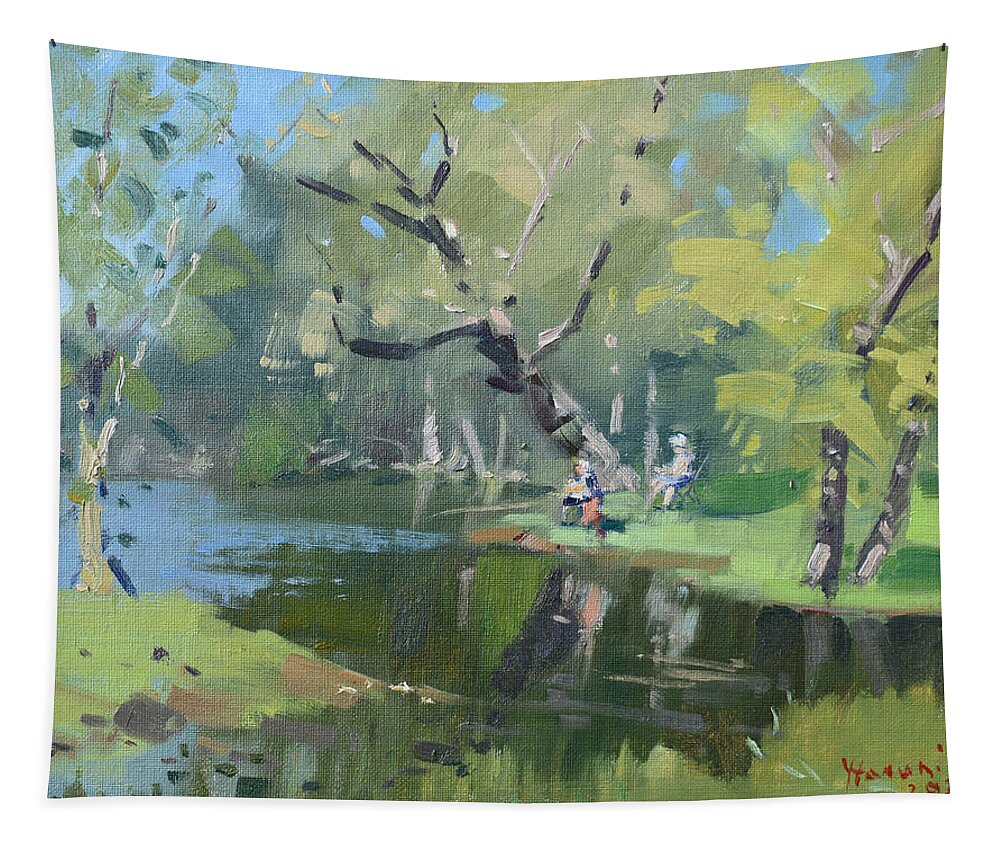 Bond Lake Tapestry featuring the painting Bond Lake Park by Ylli Haruni