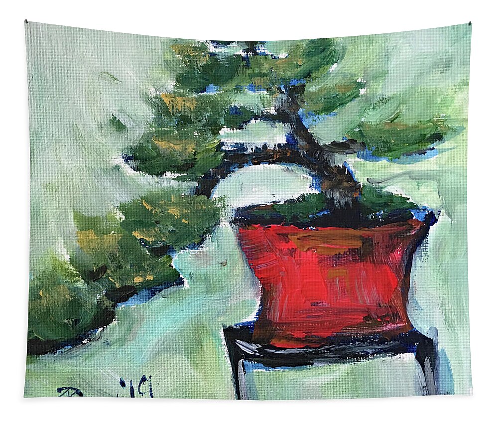 Bonsai Tapestry featuring the painting Bonsai in a Red Pot #1 by Roxy Rich