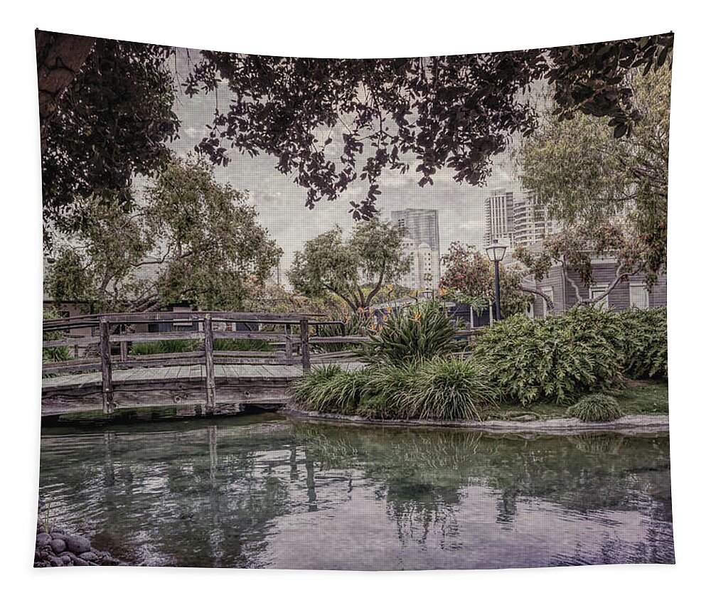 Footbridge Tapestry featuring the photograph Bridge Over the Pond SS #1 by Alison Frank