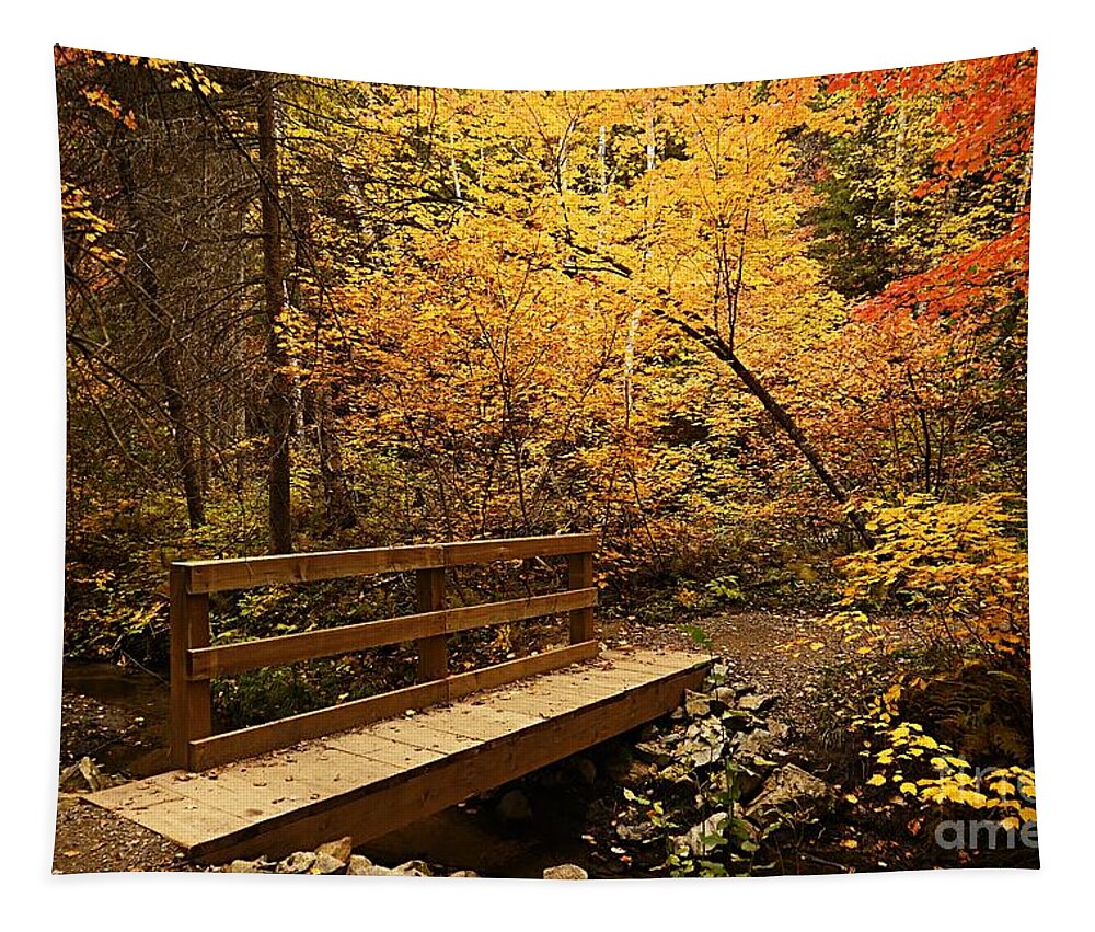 Landscape Tapestry featuring the photograph Bridge to Autumn #1 by Larry Ricker