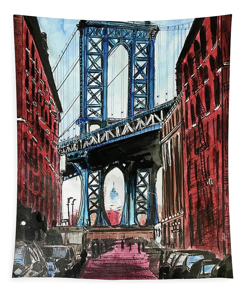 Travel Tapestry featuring the painting Manhattan Bridge by Eileen Backman