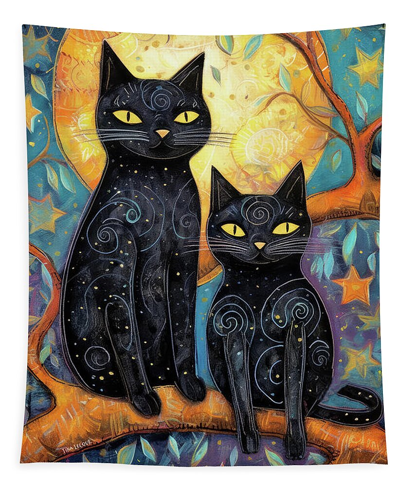 Black Cats Tapestry featuring the painting By The Light Of The Moon #2 by Tina LeCour