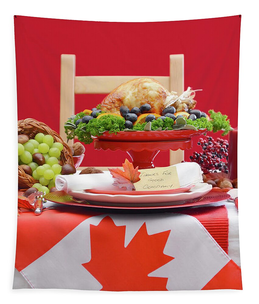 Apple Tapestry featuring the photograph Canadian Christmas or Thanksgiving Table with maple leaf flag.. #1 by Milleflore Images