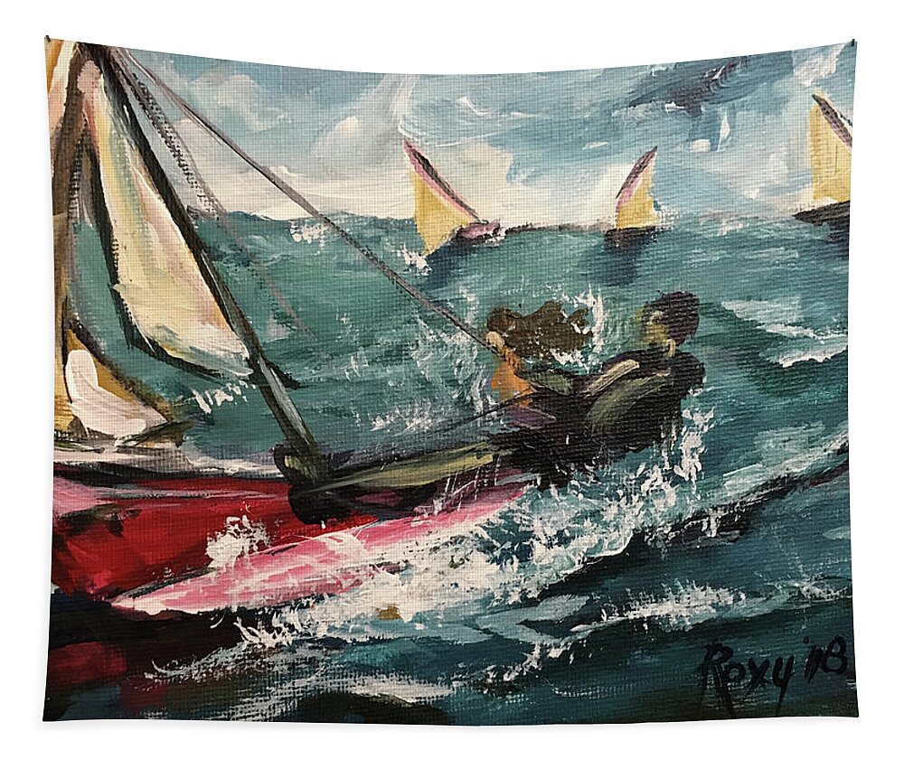 Catamaran Tapestry featuring the painting Cat Sailing #1 by Roxy Rich