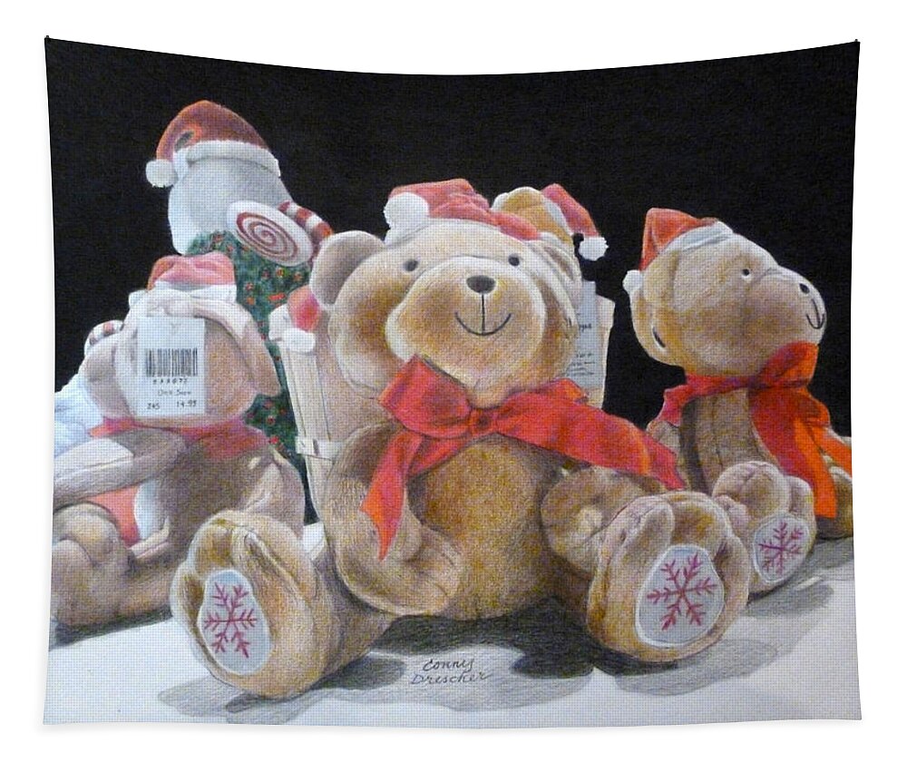 Bears Tapestry featuring the mixed media Christmas Teddy Bears by Constance DRESCHER