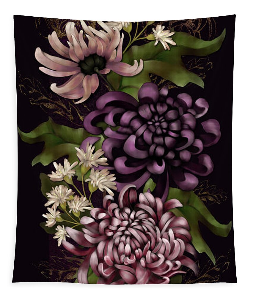 Chinoiserie Tapestry featuring the digital art Chrysanthemums and Butterfly Modern Chinoiserie dark purple by Sand And Chi