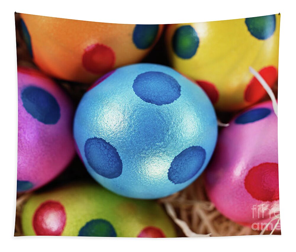Easter Tapestry featuring the photograph Colorful Easter eggs with polka dots in a basket #1 by Mendelex Photography