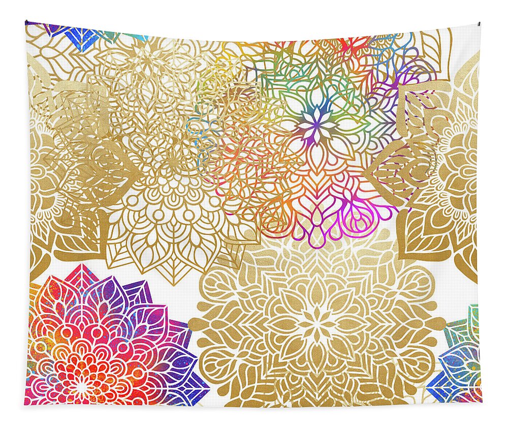 Mandala Tapestry featuring the digital art Colorful Gold Mandala Pattern by Sambel Pedes