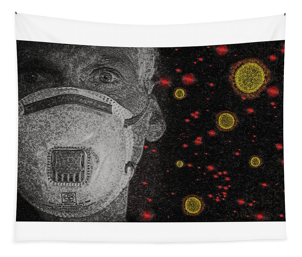 Coronavirus Or Covid-19 And Man With Mask With Red Dots Tapestry featuring the painting Coronavirus or COVID-19 and man with mask with red dots #1 by Celestial Images