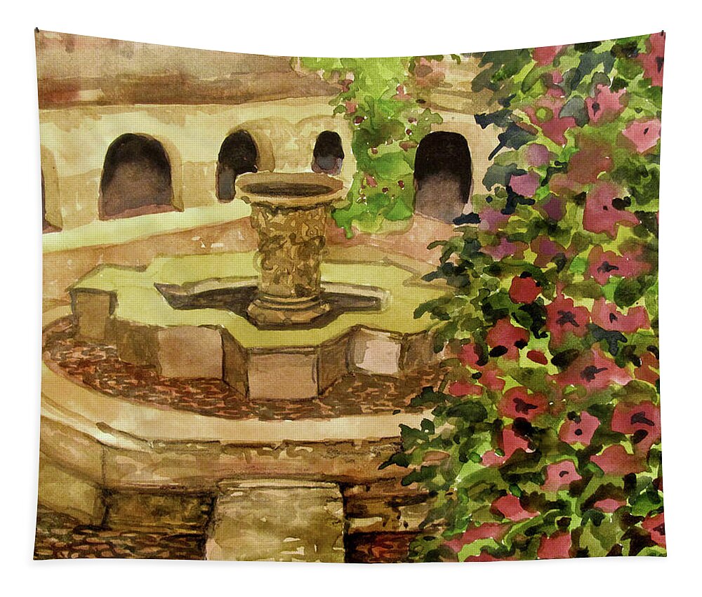 Courtyard Central America Landscape Flowers Color Meditative Calm Tranquil Harmony Original Fountain Scenery Tapestry featuring the mixed media Courtyard #2 by James Huntley