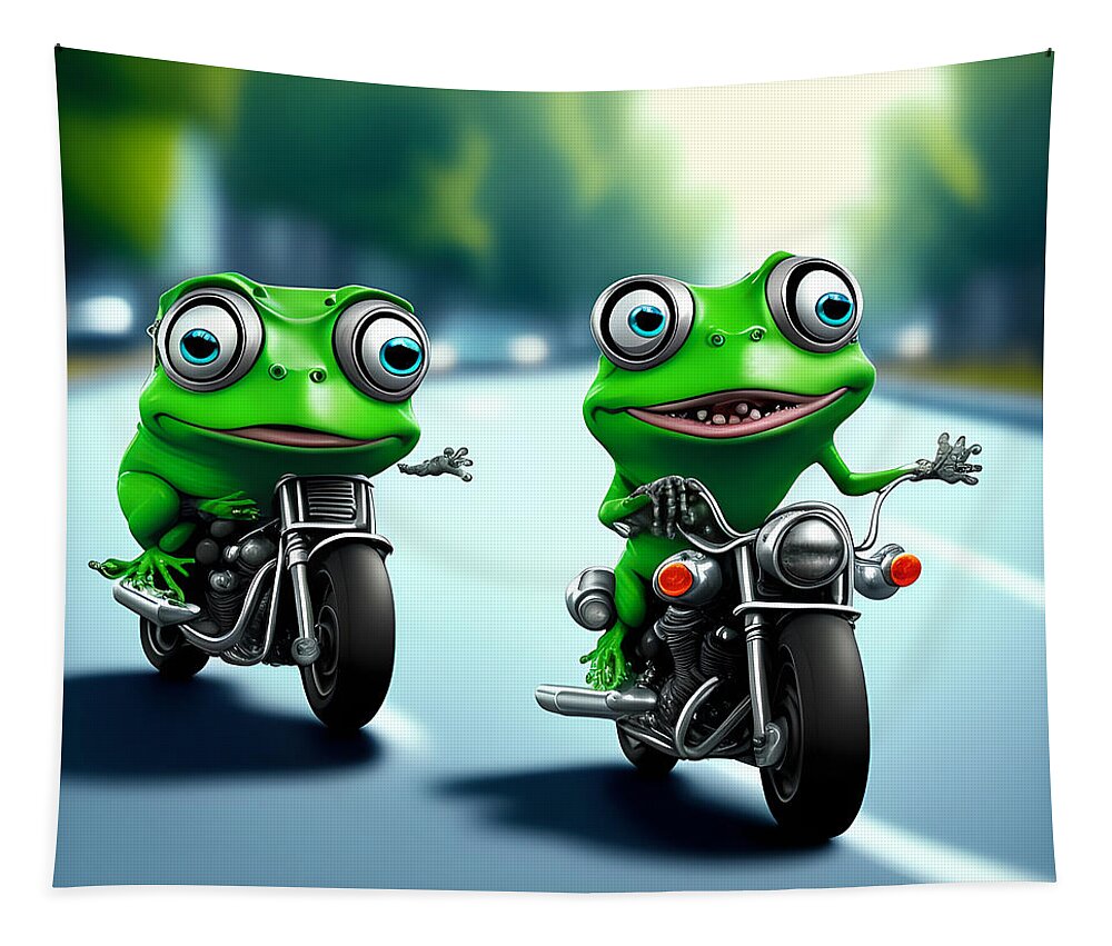 Crazy Frog on Motorcycle, Generative AI Illustration #1 Tapestry