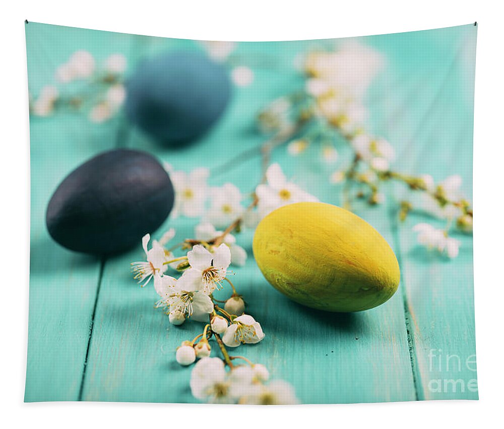 Easter Tapestry featuring the photograph Easter eggs and spring blossom #1 by Jelena Jovanovic
