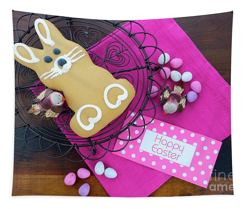 Background Tapestry featuring the photograph Easter gingerbread bunny cookie. #1 by Milleflore Images