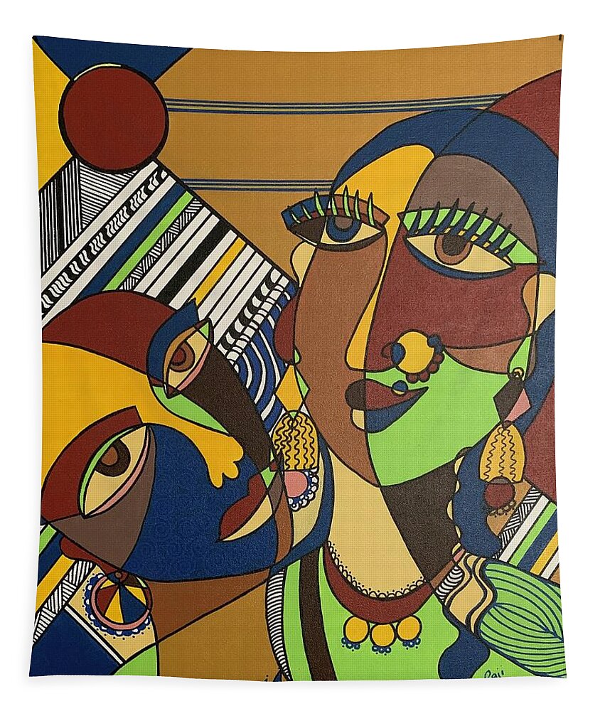 Indian Cubism Tapestry featuring the painting Joie de Vivre by Raji Musinipally