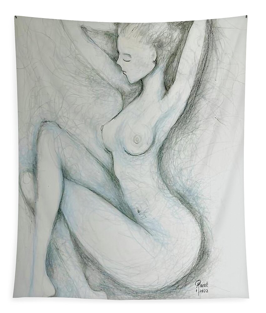 Woman Tapestry featuring the drawing Evening Bath #1 by Marat Essex