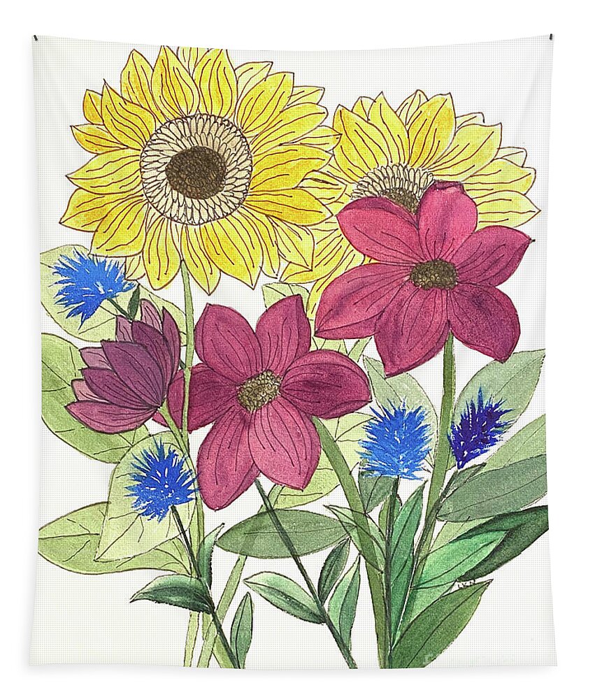 Sunflowers Tapestry featuring the mixed media Flowers #1 by Lisa Neuman