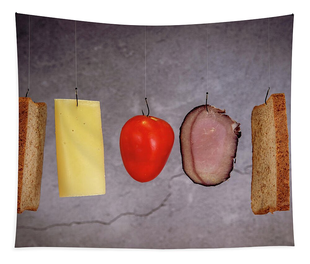 Breakfast Tapestry featuring the photograph Fresh healthy sandwich ingredients. Cheese, tomato, meat, bread and halloumi #1 by Michalakis Ppalis