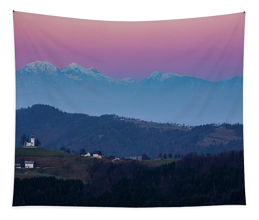 Sveti Tapestry featuring the photograph Full Moon over Church of Saint Thomas #1 by Ian Middleton