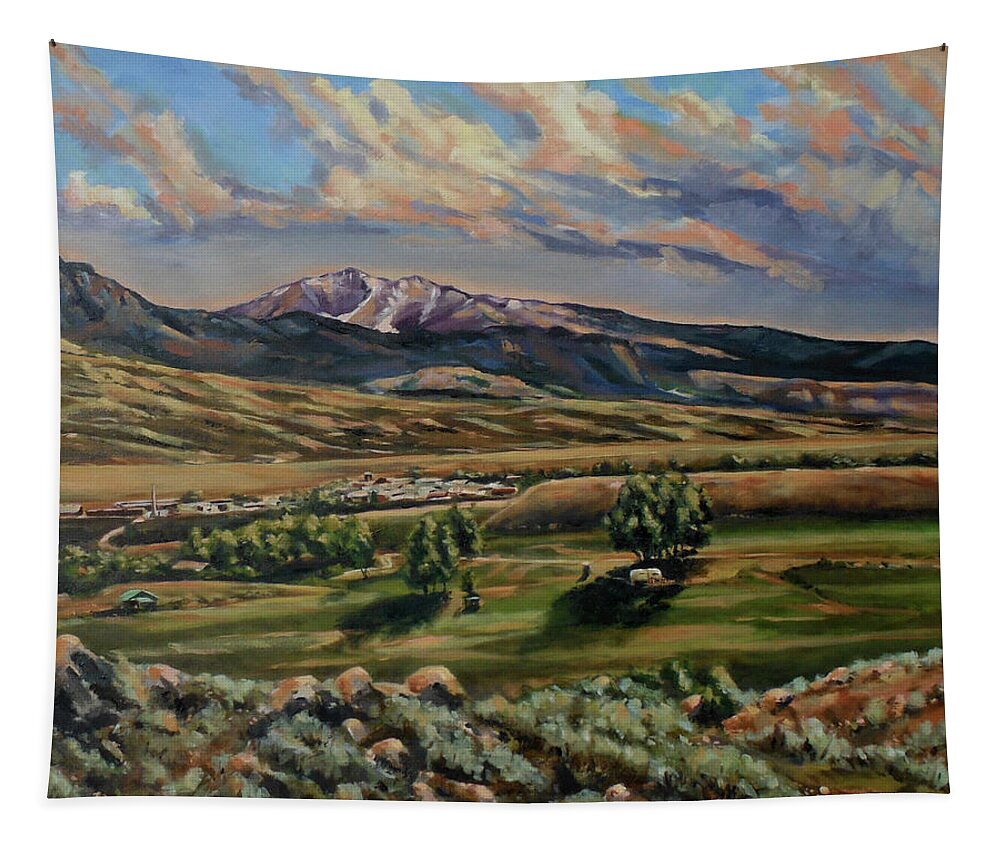 Western Landscape Tapestry featuring the painting Gardiner and Electric Peak From Scotty's Place by Les Herman