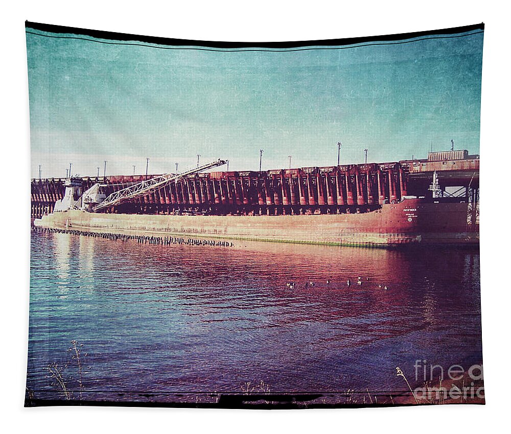 Railroad Tapestry featuring the digital art Great Lakes Freighter by Phil Perkins