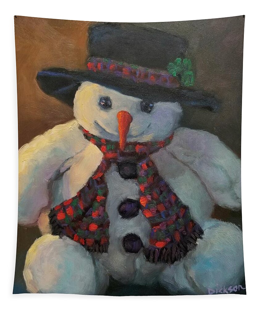 Snowman Christmas Stuffed Animal Holidays Winter Snow Snowflake Wisconsin Driftless Region Tapestry featuring the painting Grinning Snowman #2 by Jeff Dickson