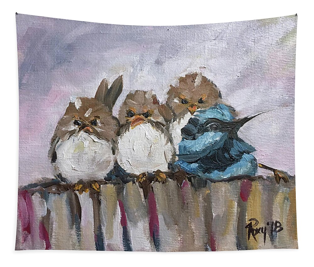 Grumpy Birds Tapestry featuring the painting Grumpy Morning by Roxy Rich